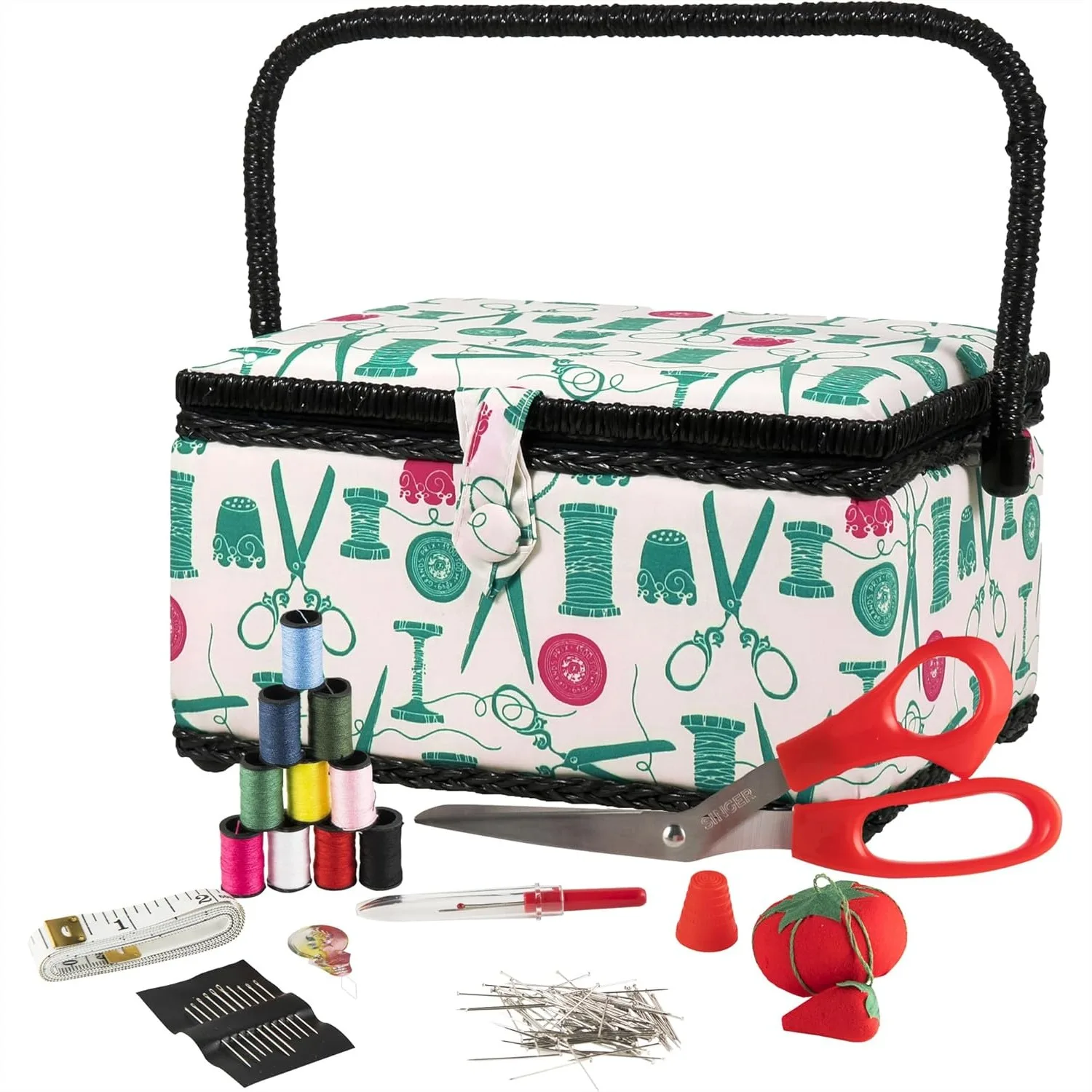 

Large Sewing Basket with Notions Kit, Vintage Print, Removable Tray & Collapsible Handle for Travel