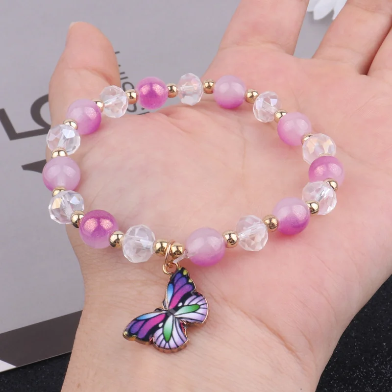 Fashion Handmade Beaded Charm Gradient Crystal Butterfly Pendant Elastic Bracelets for Women Girls Wedding Jewelry Birthday Gift