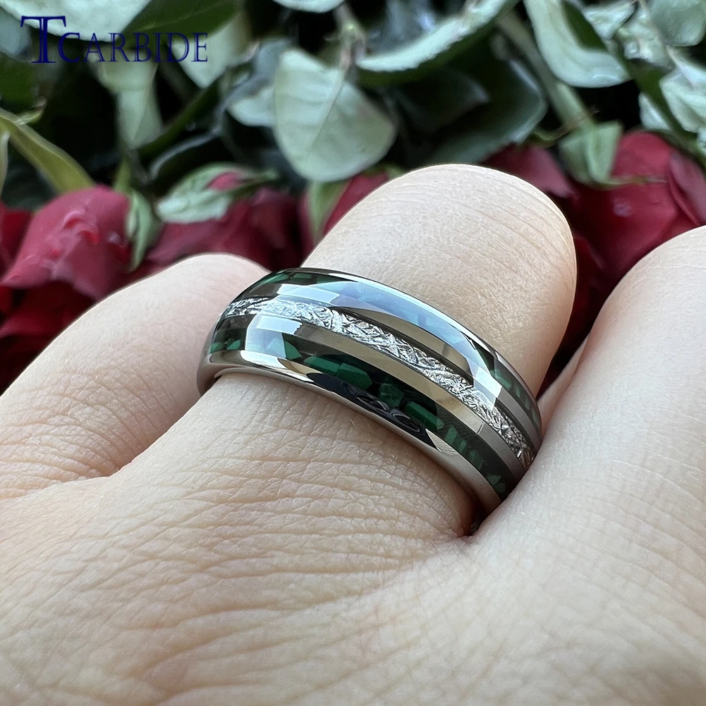 Dropshipping 8MM Men Women New Wedding Band Tungsten Carbide Ring with Bright Meteorite and Malachite Inlay Comfort Fit view 2