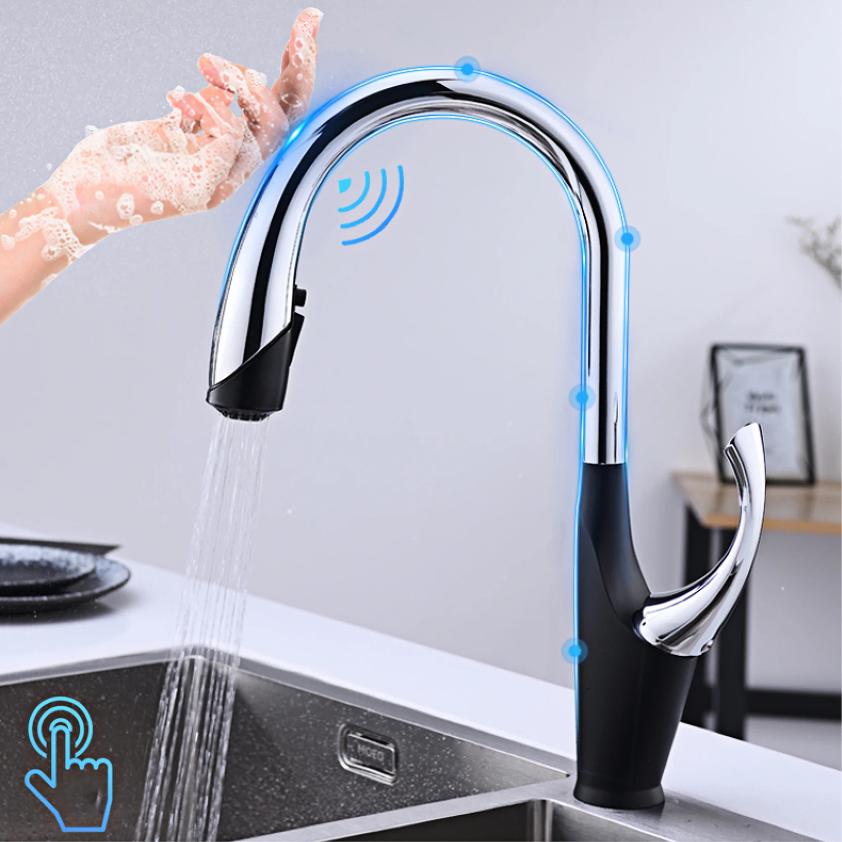 

High End Touch Black Kitchen Faucet, Brass Pull Out Design, Three Function Single Handle, Cold Hot Dual Control Sink