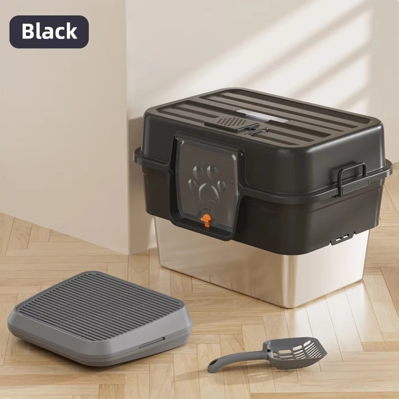 Vollständig geschlossene, übergroße Katzentoilette, tragbare Toilette aus Edelstahl und Kunststoff mit Spritz- und Urinenschutzzubehör