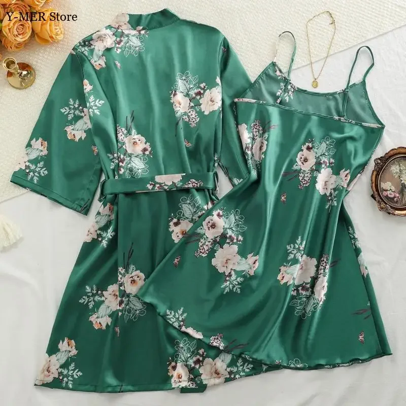 

Satin Lingerie Women Sexy Print Flower Kimono Nightgown 2Pcs Sling Sleepwear Bathrobe Gown Summer New Pajamas Home Dress
