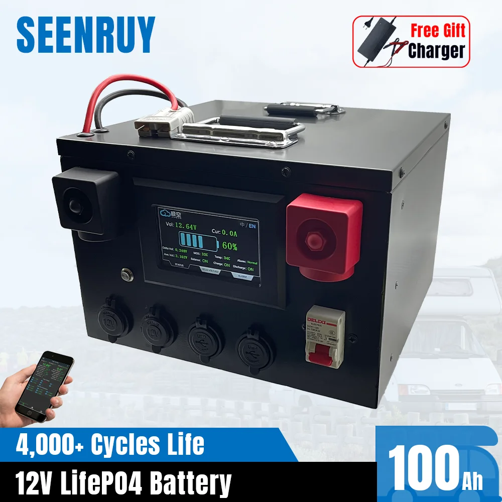 12V 100Ah LiFePO4 Compact Portable Power Stations Rechargeable Battery Pack For RV Campers Golf Cart Solar Multiple interface