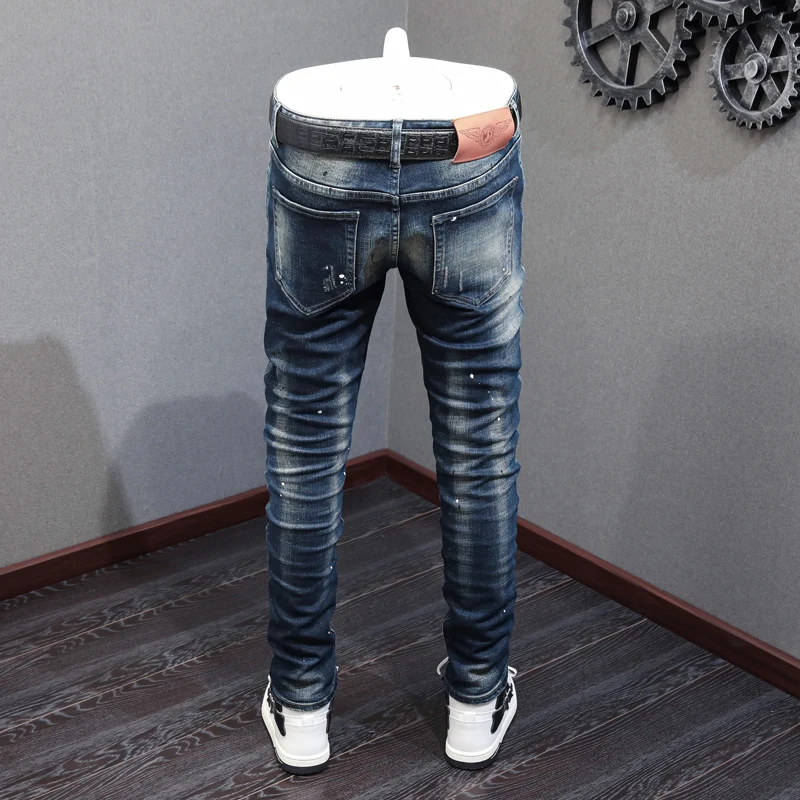 Newly Designer Fashion Men Jeans Retro Black Blue Elastic Slim Fit Painted Ripped Jeans Men Patched Vintage Denim Pants Hombre