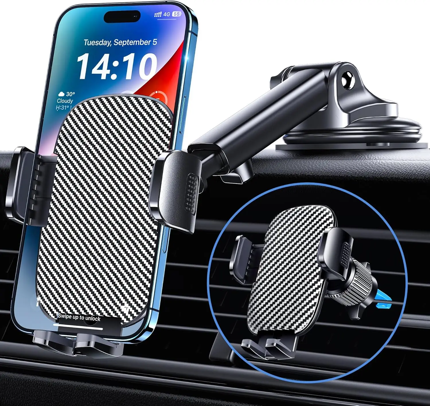 

Universal Car Phone Mount with Powerful Suction, 360° Adjustable, Fits All Smartphones and Thick Cases