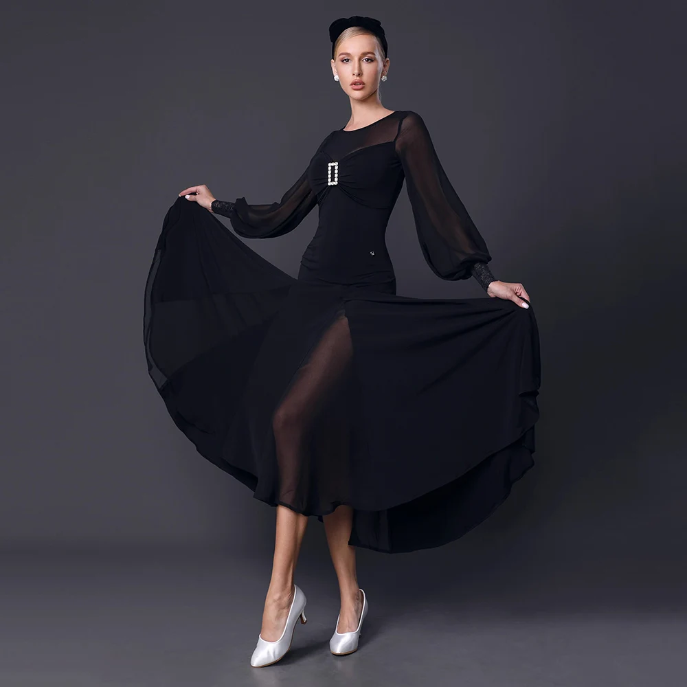 Personalizado 2025 novo vestido de dança de salão feminino competição trajes de dança moderna manga longa padrão valsa vestidos palco wear