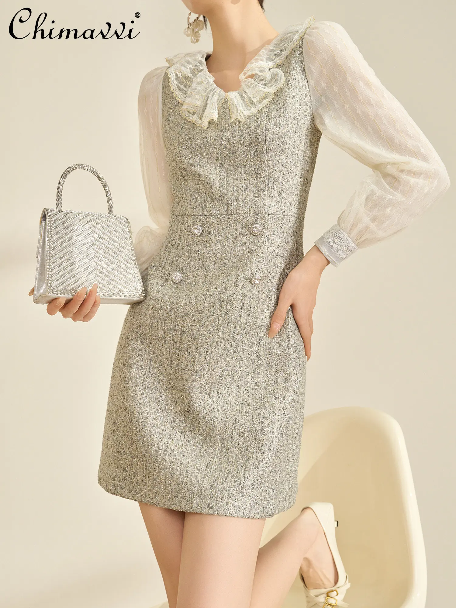 

French Elegant Lace Patchwork V-neck Long Sleeve High Waist Fashion Commuter Versatile Short Dress for Women 2026 Spring Summer