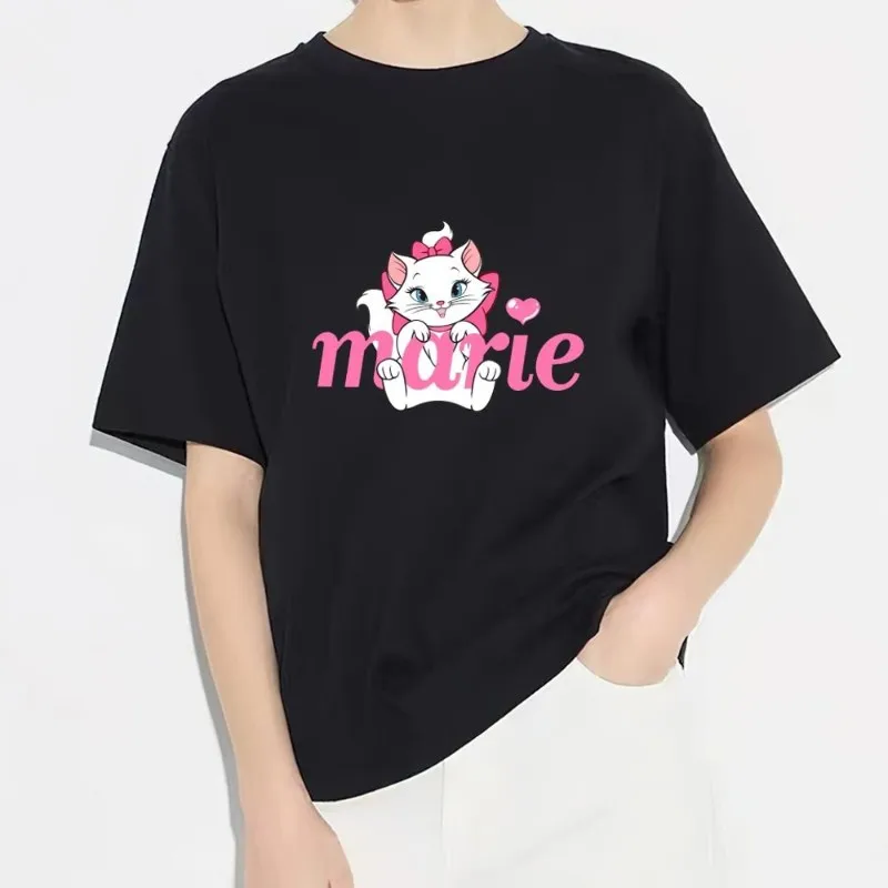 MINISO Disney Marie Cat T Shirt Men Couple Combination Clothes Short Sleeve Collar Fashion woman Cotton