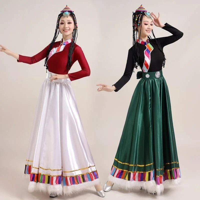 Traje de dança tibetana com saia de teste, traje tradicional nacional, roupa longa, vestido de minoria hmong