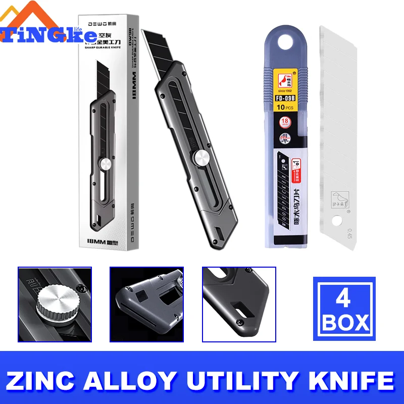 Zinc Alloy Utility Knife com Lâminas Pequeno Portátil Desmontar Metal Blade Cortador de Caixa de Papel Arte de Travamento Automático Papelaria