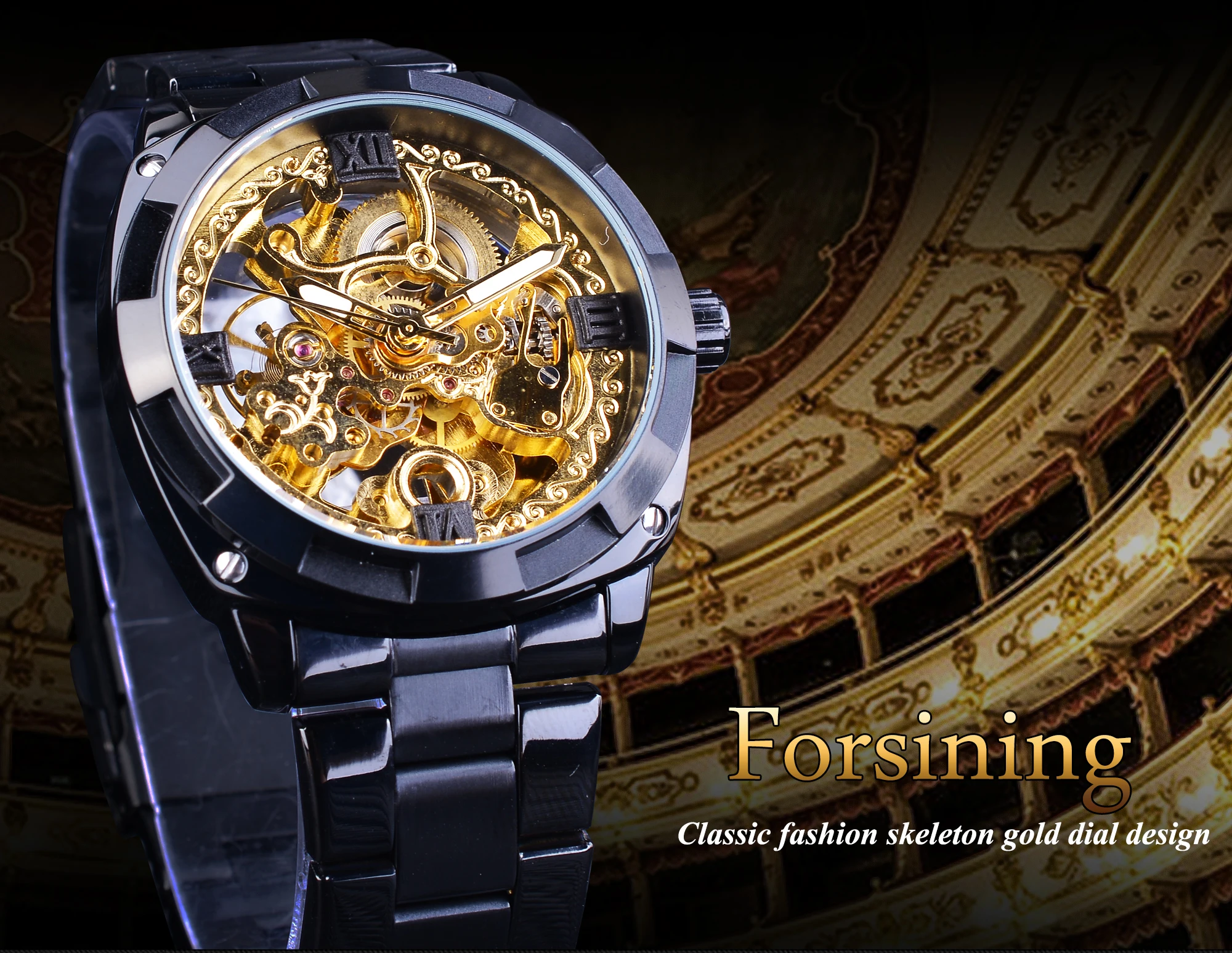 Forsining Men\'s Automatic Mechanical Watch Fashion Transparent Retro Top Brand Luxury Full Golden Luminous Hands Skeleton Clock