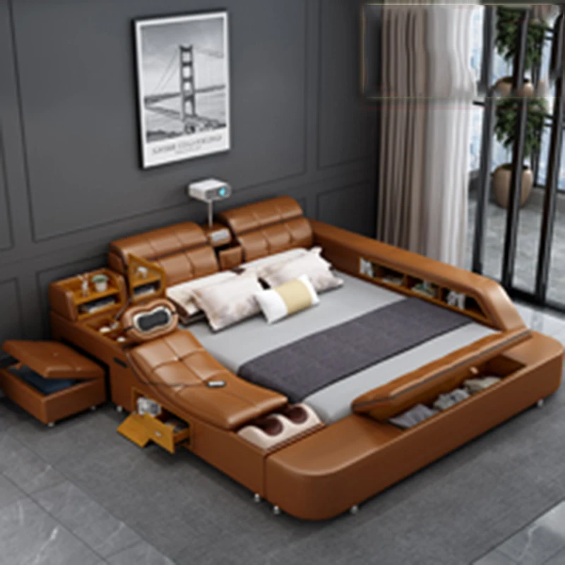 

King Size Modern Bed Double European Bedroom Floor Human Smart Bed Luxury Leather Muebles Para Dormitorio Nordic Furniture