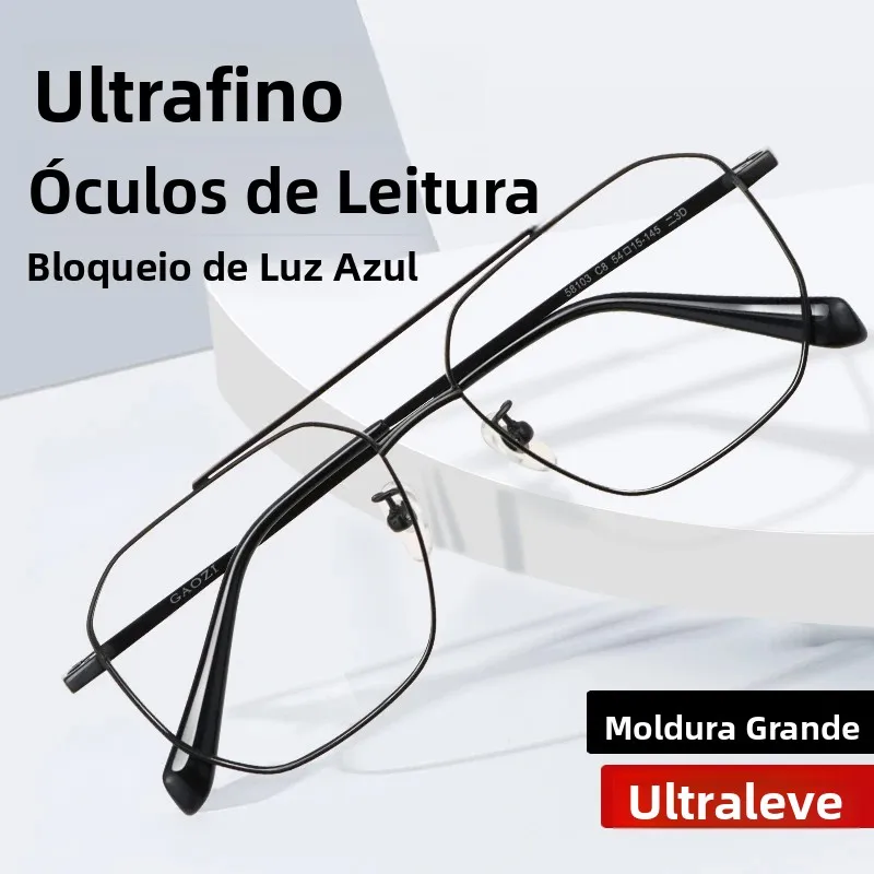 超薄型老眼鏡-ブルーライトカット、長方形フルメタルフレーム、硬質樹脂レンズ-老眼鏡度数-60まで