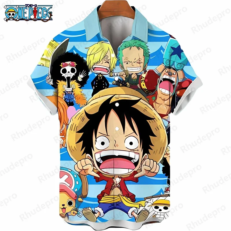 Hot Sale Men's One Piece Hawaiian Shirt Luffy Full Print Short Sleeve Loose Casual Anime Kids Clothes Holiday Shirt Tops