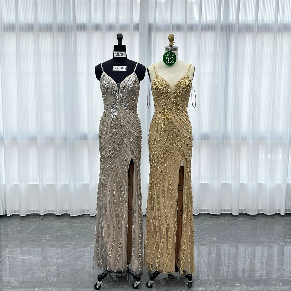 

YQLNNE 032 Golden Crystals Long Evening Dresses Mermaid Straps Formal Party Gown