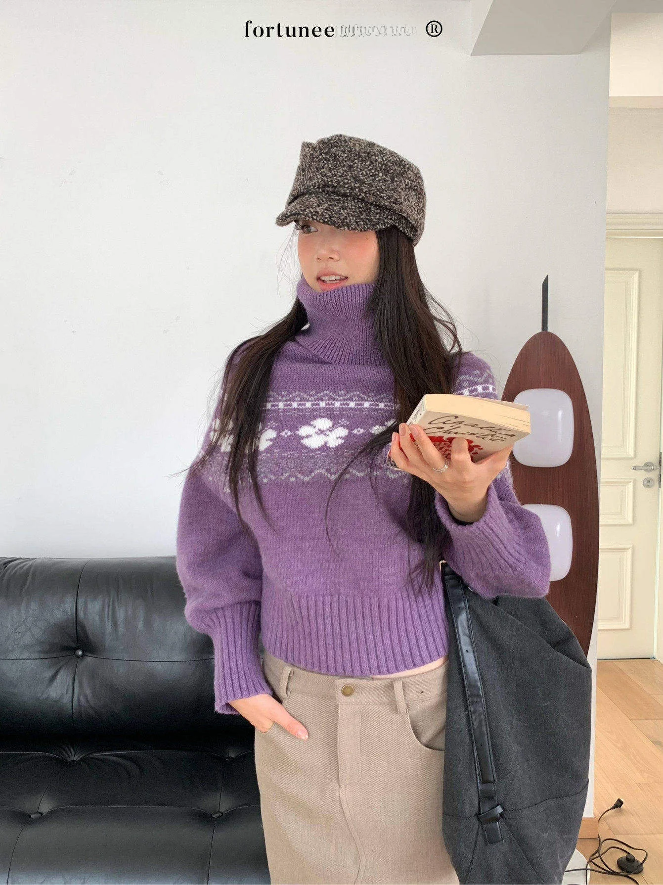 

Женский вязаный свитер Fortunee с высоким воротом, свободного кроя, с цветочной вышивкой, теплый, для повседневной носки, с длинными рукавами