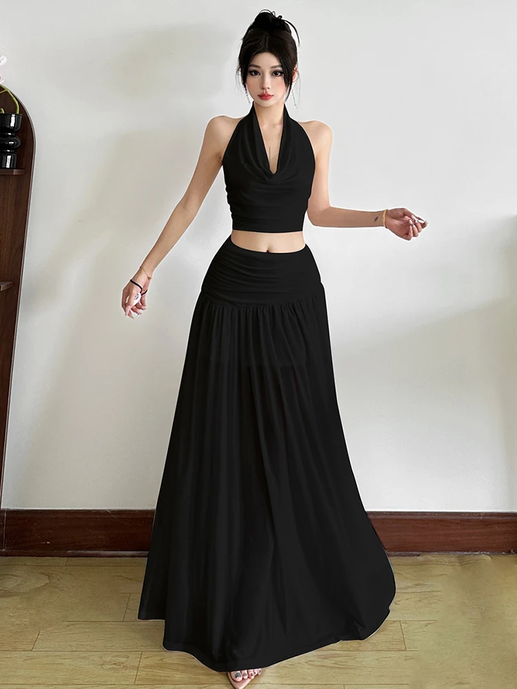 Nibber Pieghe Set da 2 pezzi Donna Halter Colletto altalena Mini gilet + Gonne lunghe Abiti eleganti per feste in spiaggia Abiti coordinati alla moda