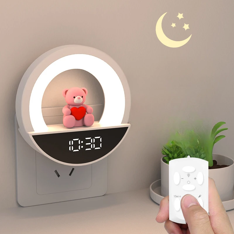 Cute Bear Clock Night Light RGB Colorful Atmosphere Lamp with Remote Control Baby's Room Bedside Lamp Ornaments for Kids Gift