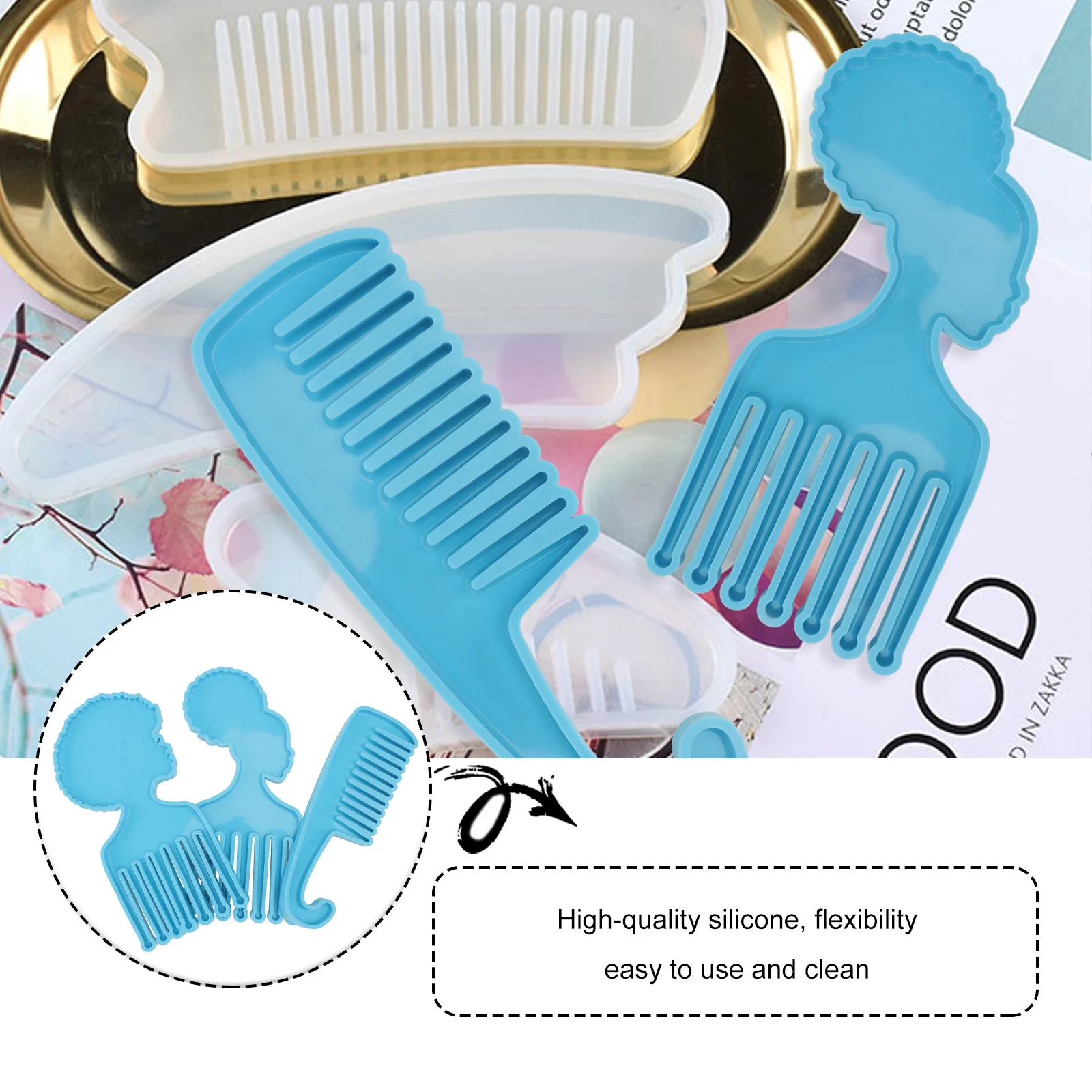 

3pcs African Head Comb Mold Silicone Diy Epoxy Mold Smooth Durable Mirror Surface Easy Demould Non-Stick Afro Comb Molds