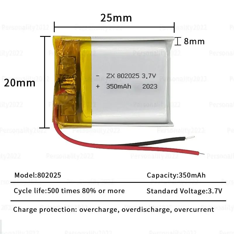 802025 3.7V Lipo Battery 350mAh Li Po Lithium Polymer Batteries for Beauty Instrument Table Lamp Bicycle Tail Light Pet Locator