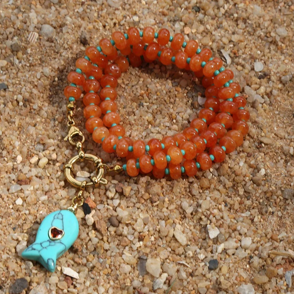 2026 Auffälliges Frühling-Sommer-Modeaccessoire Schmuck im Bohemian-Stil Farbige Perlenkette mit Naturstein-Fisch-Anhänger – Detail 5