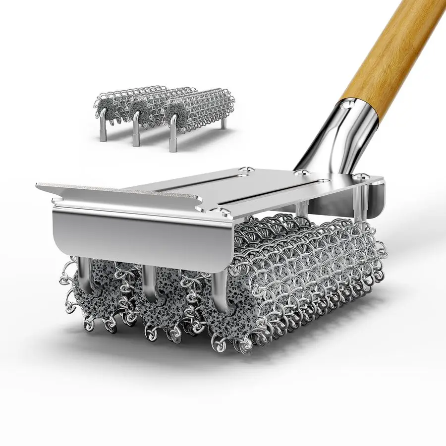 

Щетка и скребок для гриля без щетины с 3 сменными насадками, нержавеющая сталь 304, пищевой класс, аксессуары для гриля, безопасное средство для чистки барбекю B