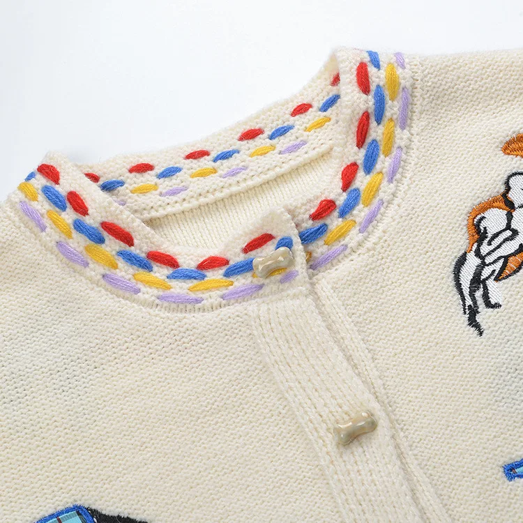 

Ele European Sle Knitted round Ne Open Cardigan Women's Top Embroidered Doggie Design Cute Lazy Faion Autumn Winter