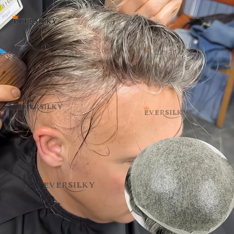 

80% Density Super Natural Hairline 0.02mm Thinnest Skin Undetectable Vloop Men Toupee 1b80 #540 White Grey Human Hair Prosthesi