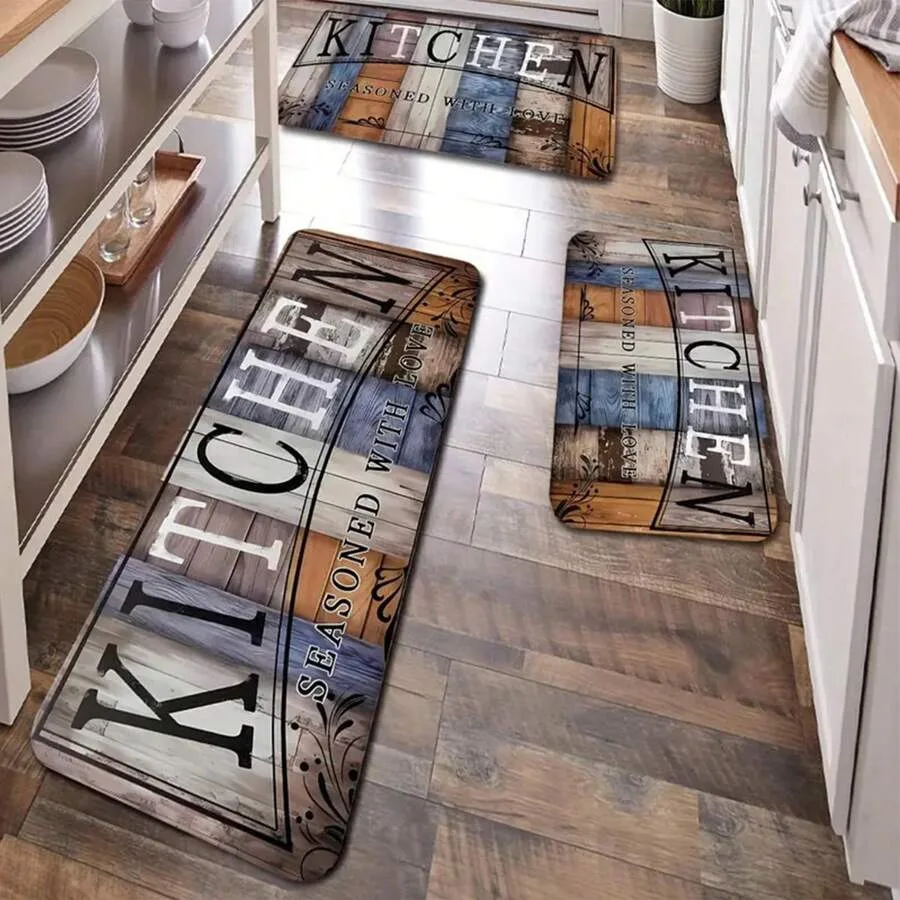 VIKAMA 1pc/2pc Wood Grain Pattern Floor Mats for Kitchen, Bathroom, Laundry Room, Water Absorbing and Anti-Slip Rug Home Decor