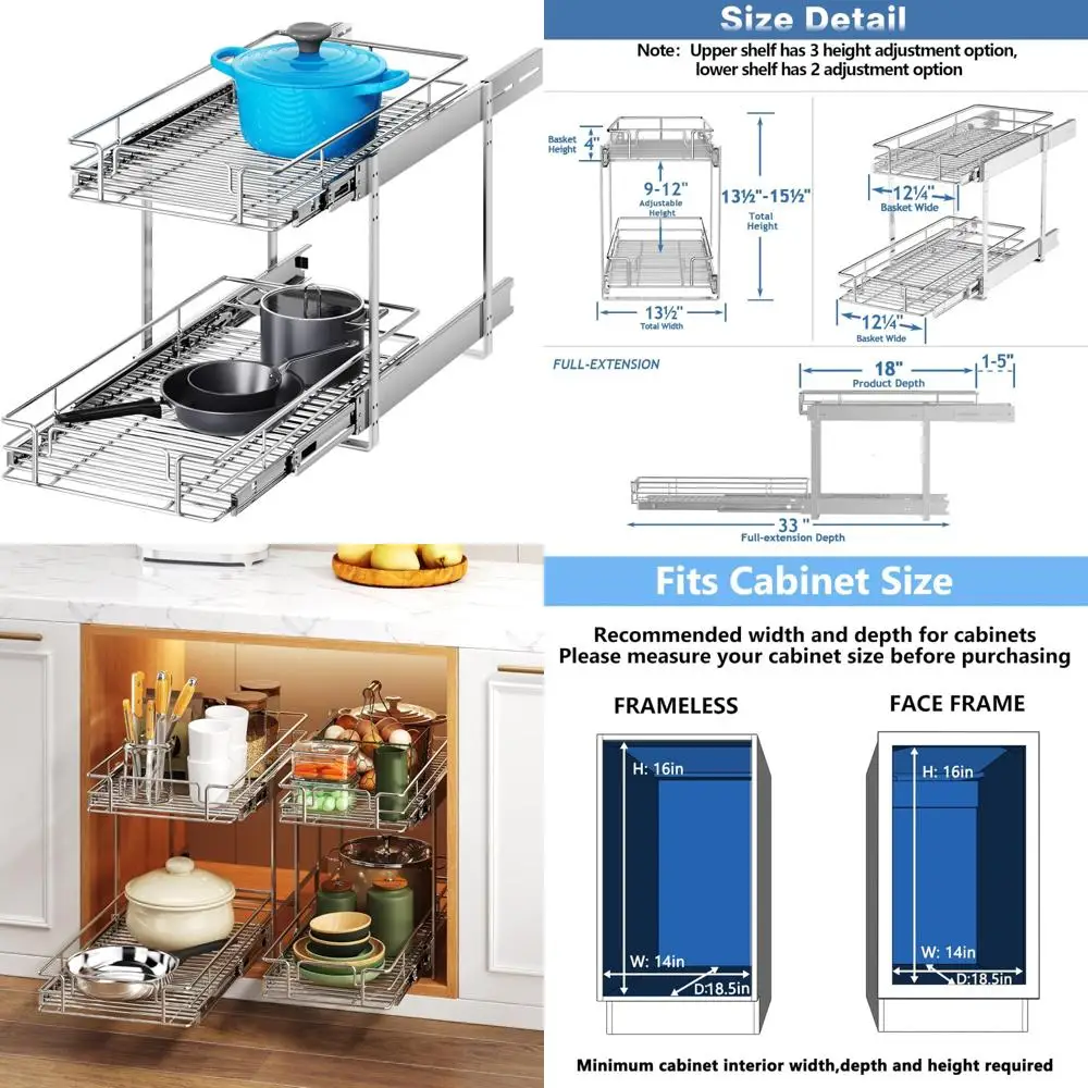 أدراج منزلقة شديدة التحمل للخزائن - 13.5 عريضة × 18 عميقة، منظم سحب من طبقتين لحلول تخزين المطبخ