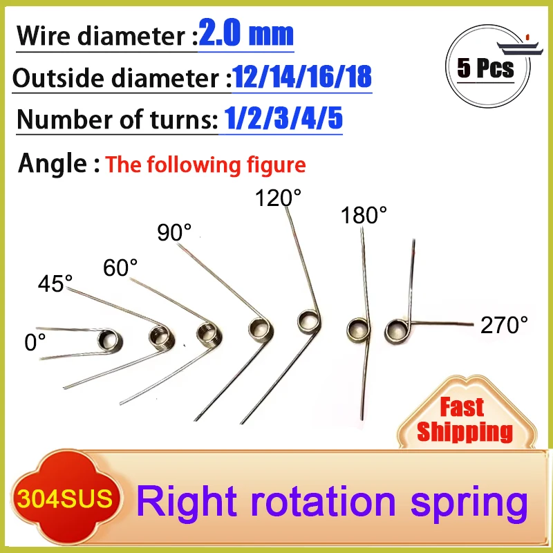 5PCS Wire diameter 2.0mm Right Rotation Spring Right Torsion Spring Return And Reset V-shaped Spring  304SUS laps1/2/3/4/5lap