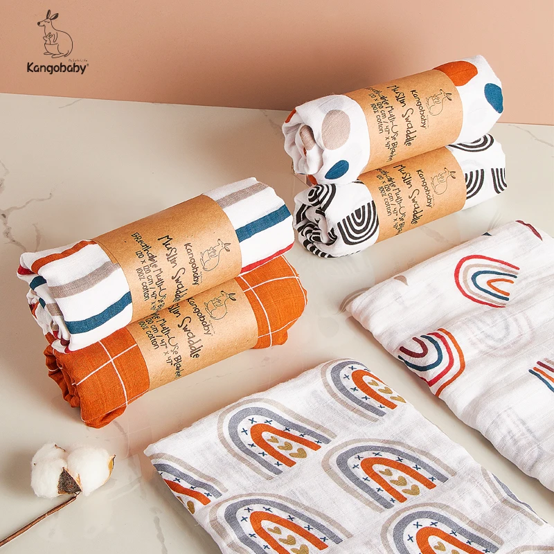 Kangobaby New Design 2pcs Set Double Layers 100% Cotton Newborn Baby Muslin Swaddle Blanket