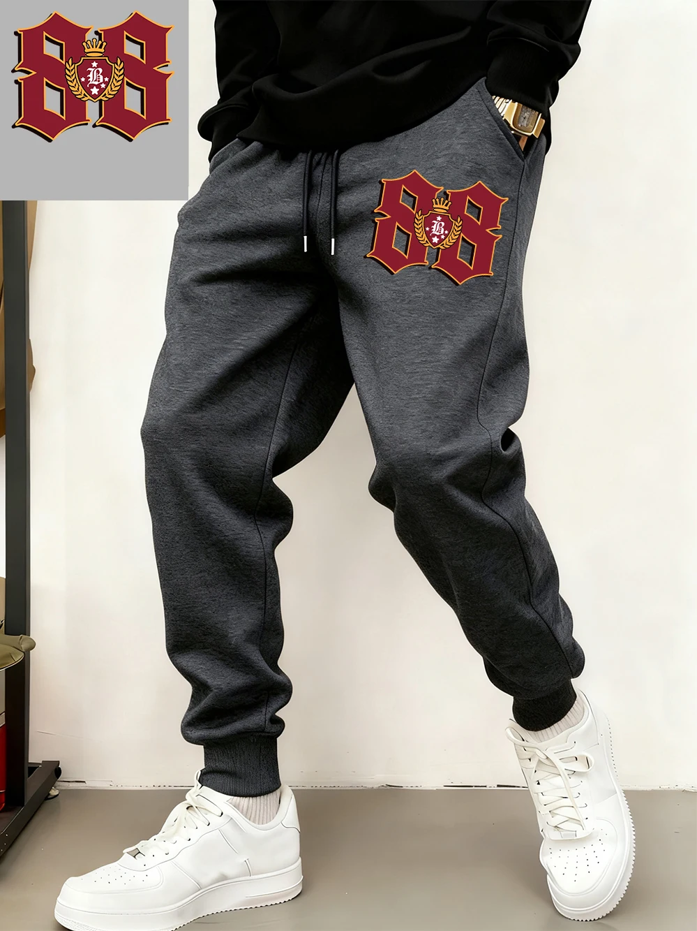 

Спортивные штаны с принтом значка Bb, мужские повседневные флисовые теплые брюки для бега, зимние брюки с карманами и эластичной резинкой на талии, базовая свободная мужская одежда