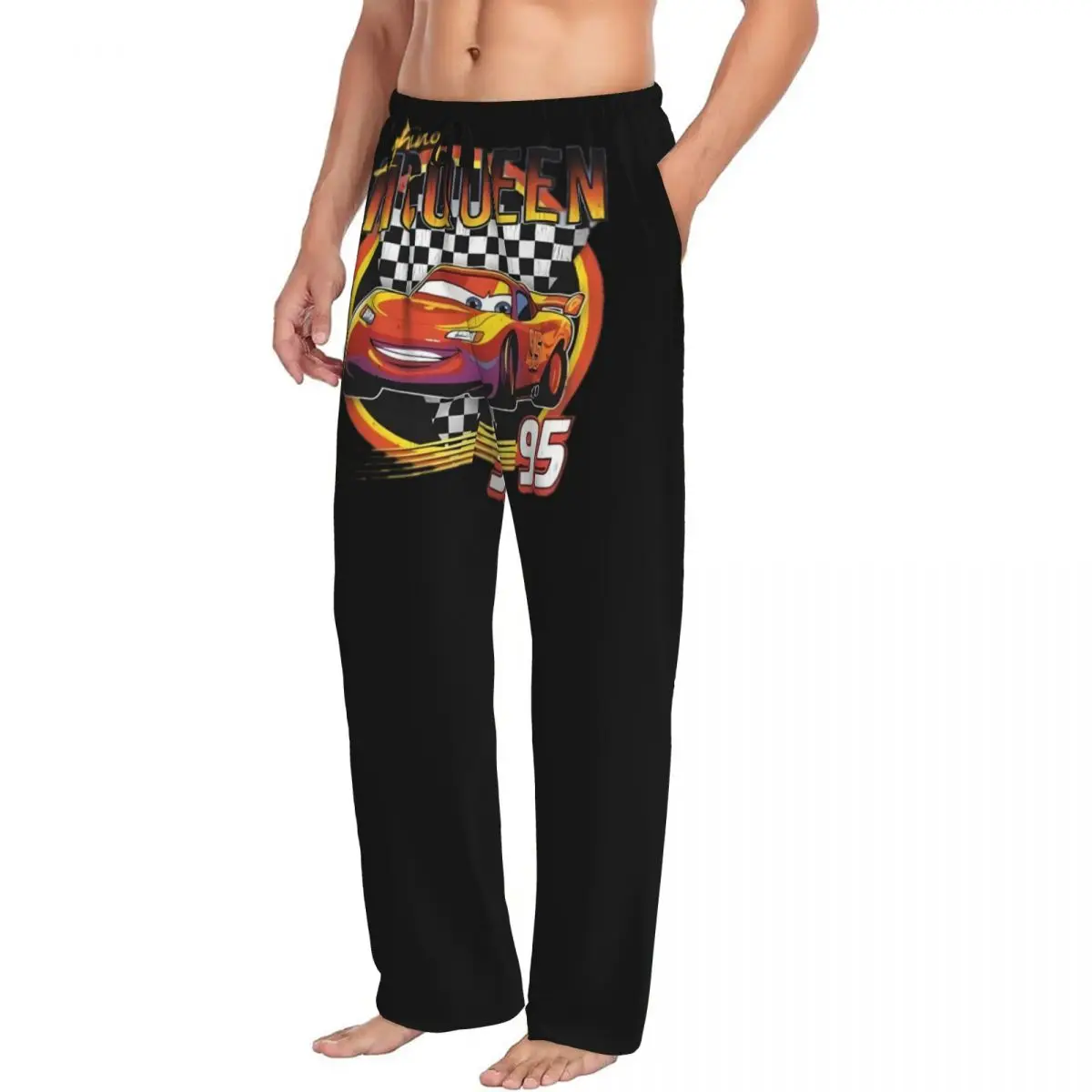 Pantalones de pijama de dibujos animados Lightning Mcqueen para hombre con estampado personalizado, ropa de dormir para coches, pantalones de salón para dormir con bolsillos