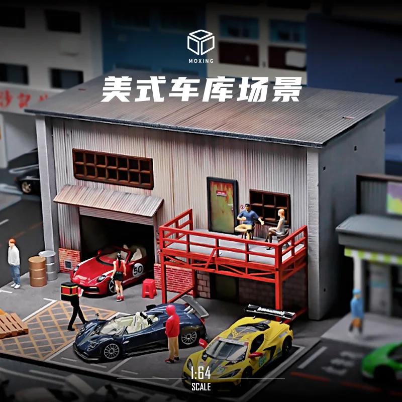 1:64 Diorama with LED Light American Style Garage Building Parking Lots