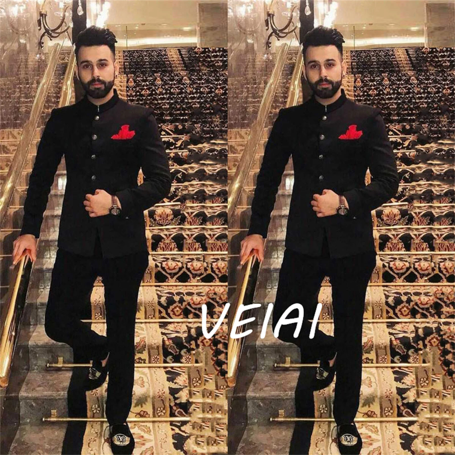 

CustomizedBlack Men Suits with Stand Collar Terno Slim Fit Custom Wedding Tuxedo For Men Formal Groom Suits 2 Piece Jacket with