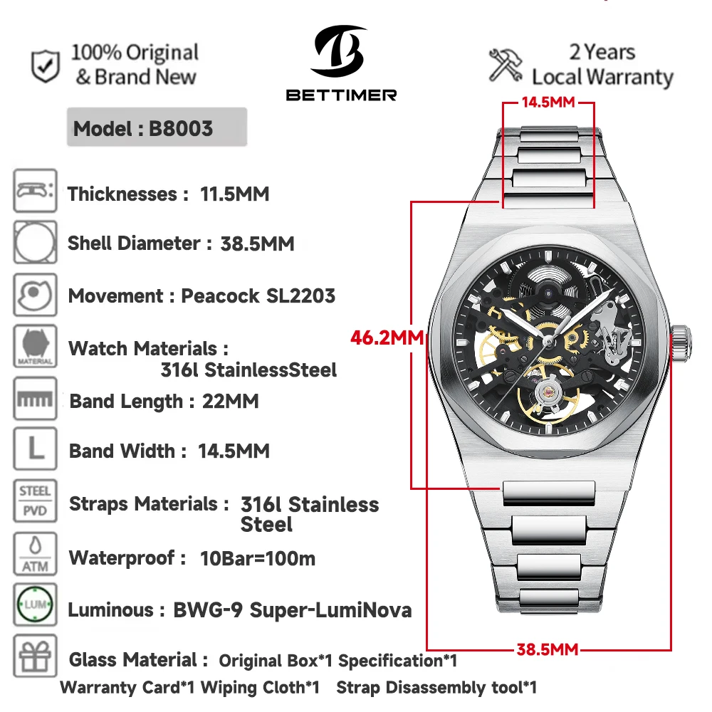 BETTIMER 2025 جديد ساعة ميكانيكية للرجال الطاووس SL2203 الياقوت الزجاج الأعمال الفولاذ المقاوم للصدأ مضيئة مقاوم للماء Reloj Hombre