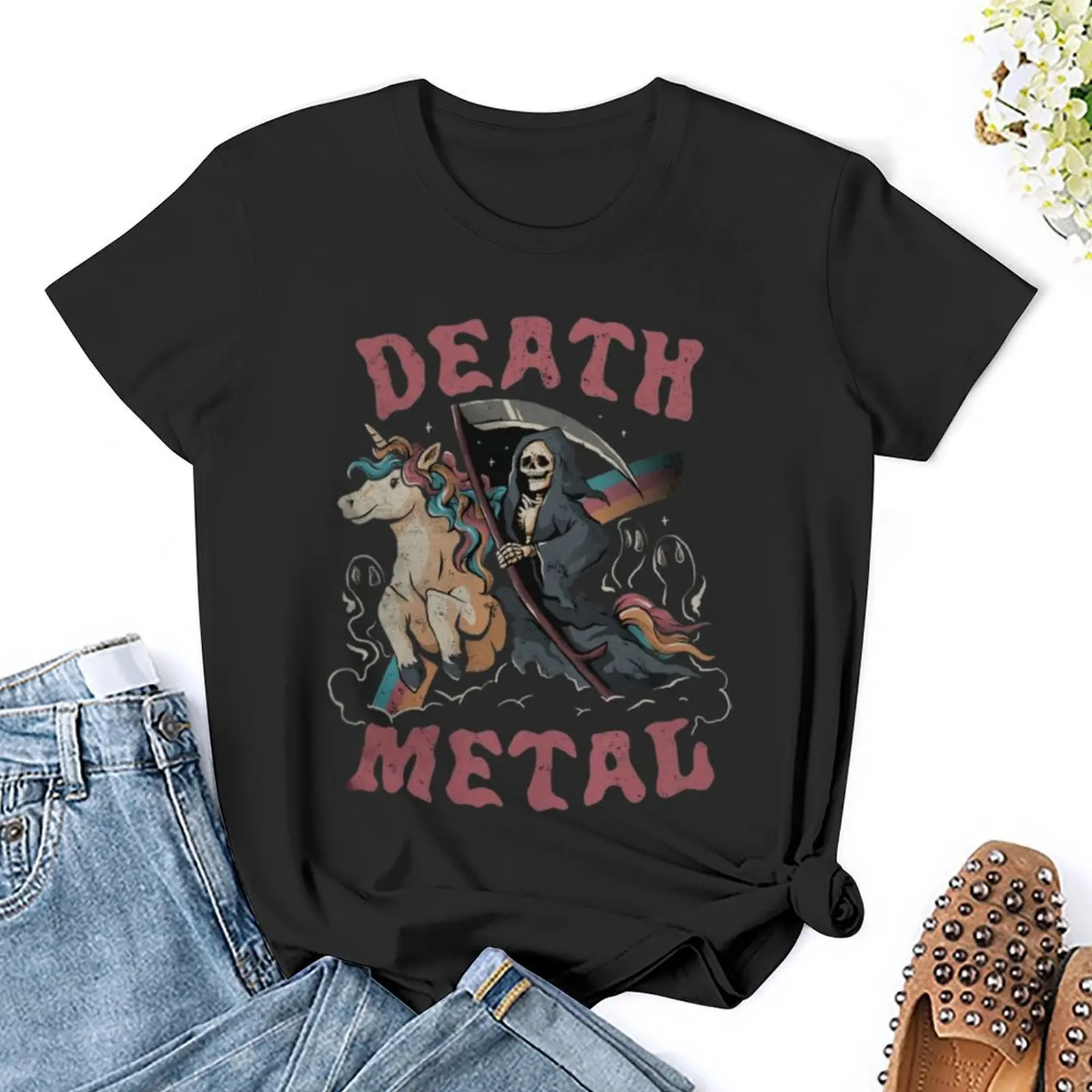 Death Metal Riding Unicorn Reaper Print T shirt Women Short Sleeve Black T-Shirt Big Size S To 4XL Female Tee Breathable Tshirt