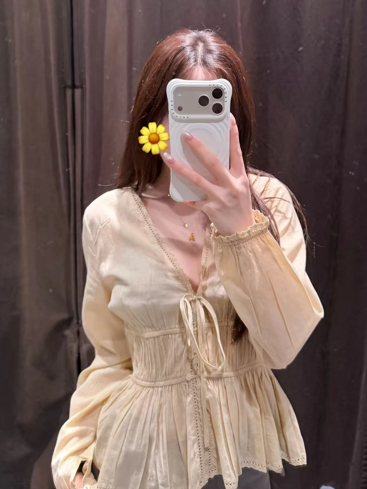 

Spring Summer 2026 Women's Pure Desire Sle Long Sve V-Ne Embroidered Lace irt Slim Fit Cotton Top Faionable