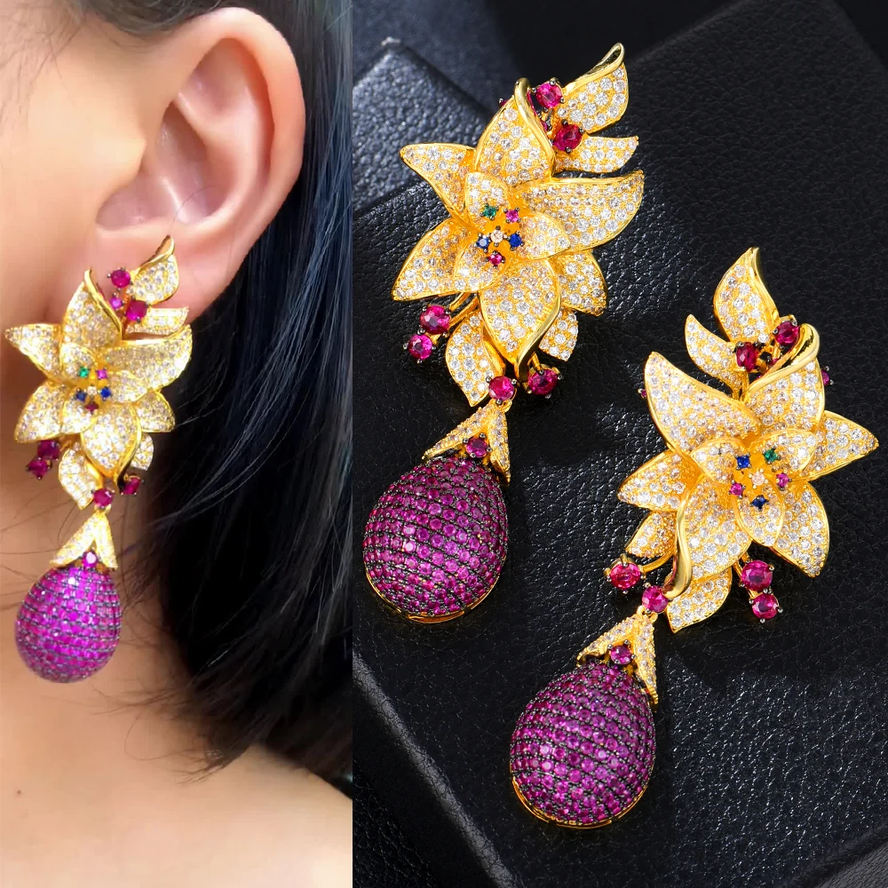 Soramoore Luxury Long Flower Drop Earrings Crossover Women Girl Party Daily Fashion Micro Cubic Zirconia Pave Super Jewelry Gift