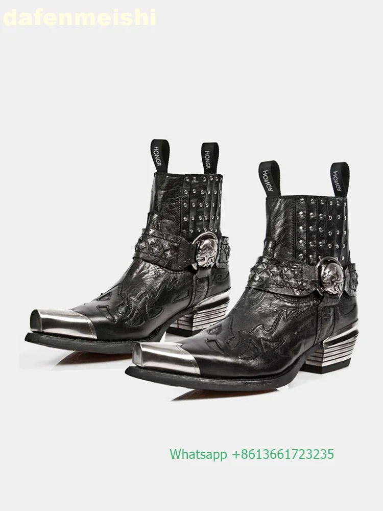 Metal Square Toe Chunky Heel Boots Rivet Metal Buckle Black Leathe Western Cowboy Boots Men/women Height Increasing Chelsea Boot