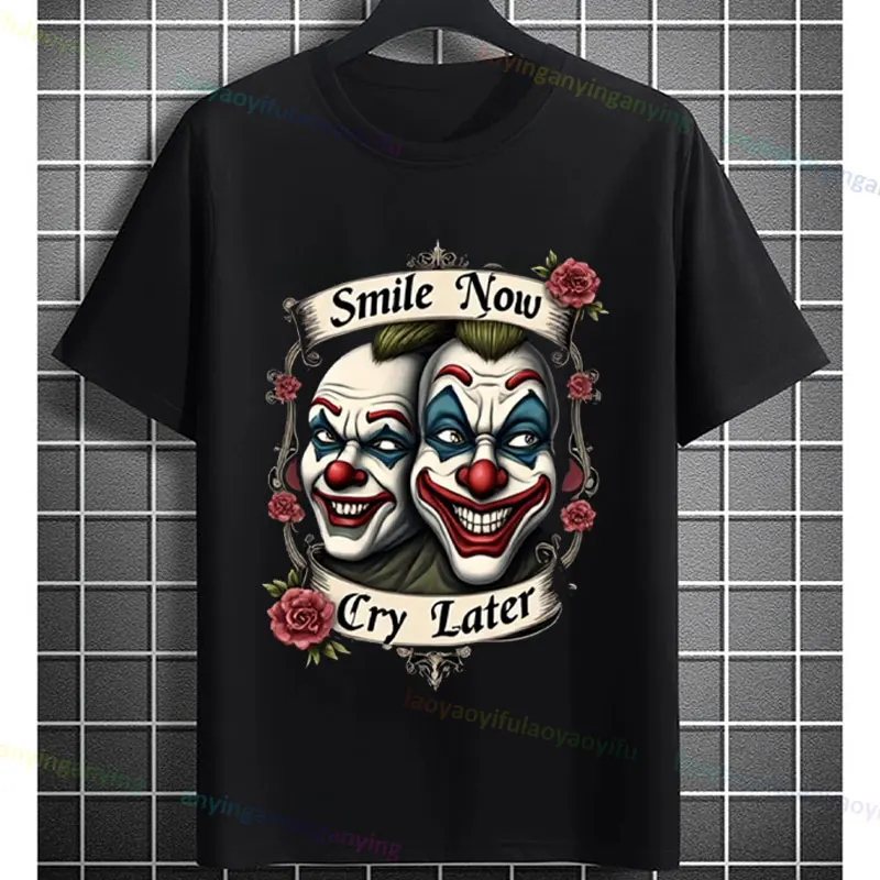 Funny Clown Face Graphic T-shirt with "Smile Now Cry Later" Printed Short-sleeve Pure Cotton Humor Style Casual Outdoor Tshirt view 3