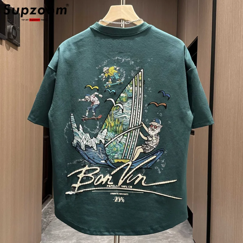 Supzoom New Arrival Summer Top Fashion Neutral Artistic Texture Sailboat Embroidery O-neck Casual Heavy Cotton Loose Men Tshirt