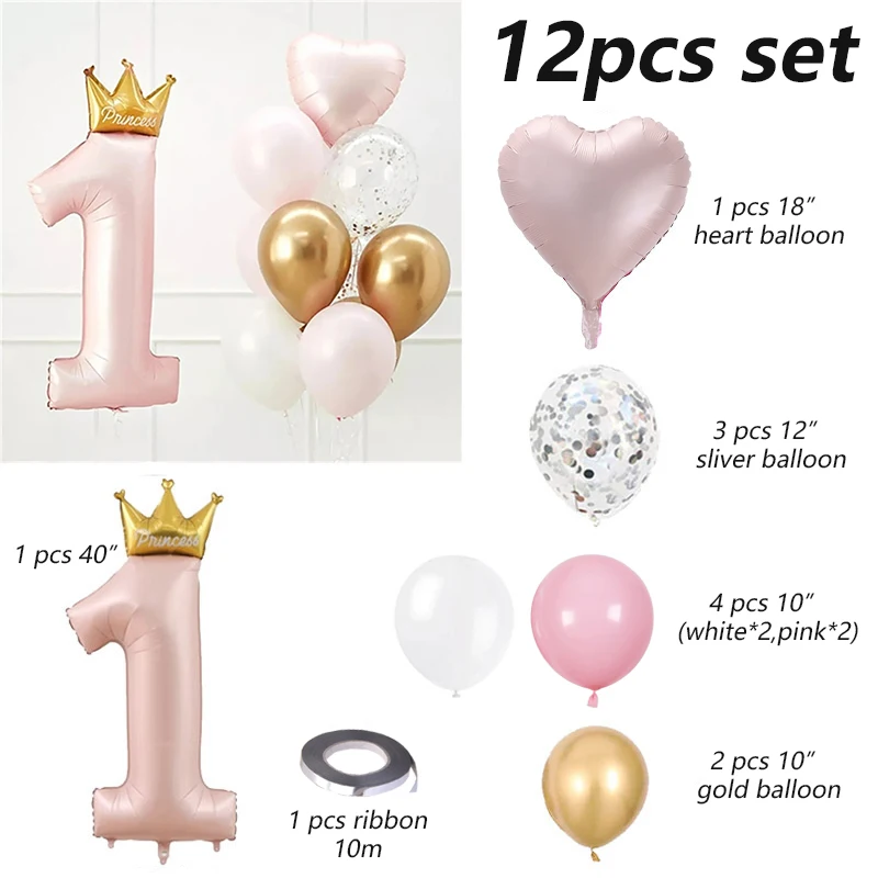 40inch Prince Crown Number Foil Balloons 1st Birthday Party Decorations Kids Boy Girl First One Year Anniversary Globos Supplies