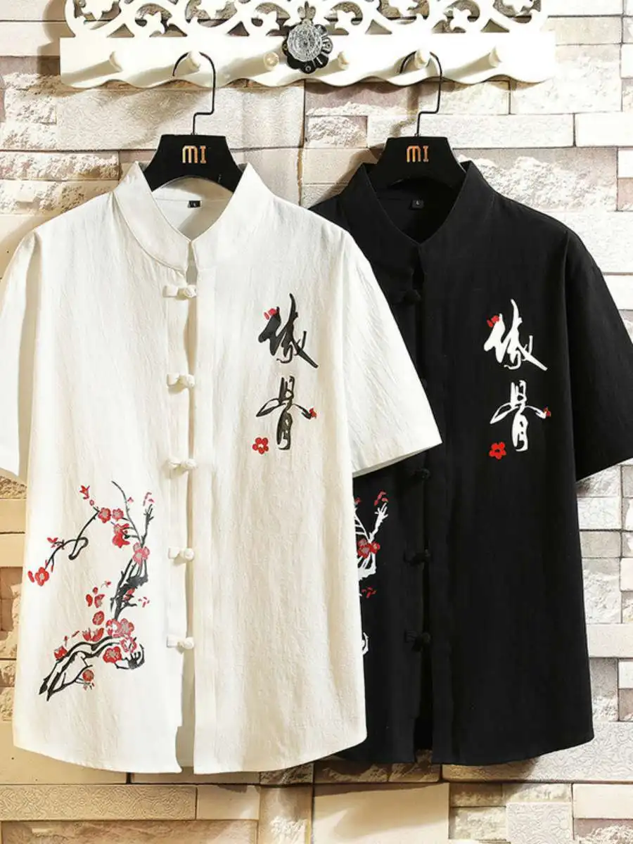 

New Men's Short Sleeve Shirt Large Size Button up Retro Stand Collar Printed Casual Men's Shirt Loose Fit Summer 2023