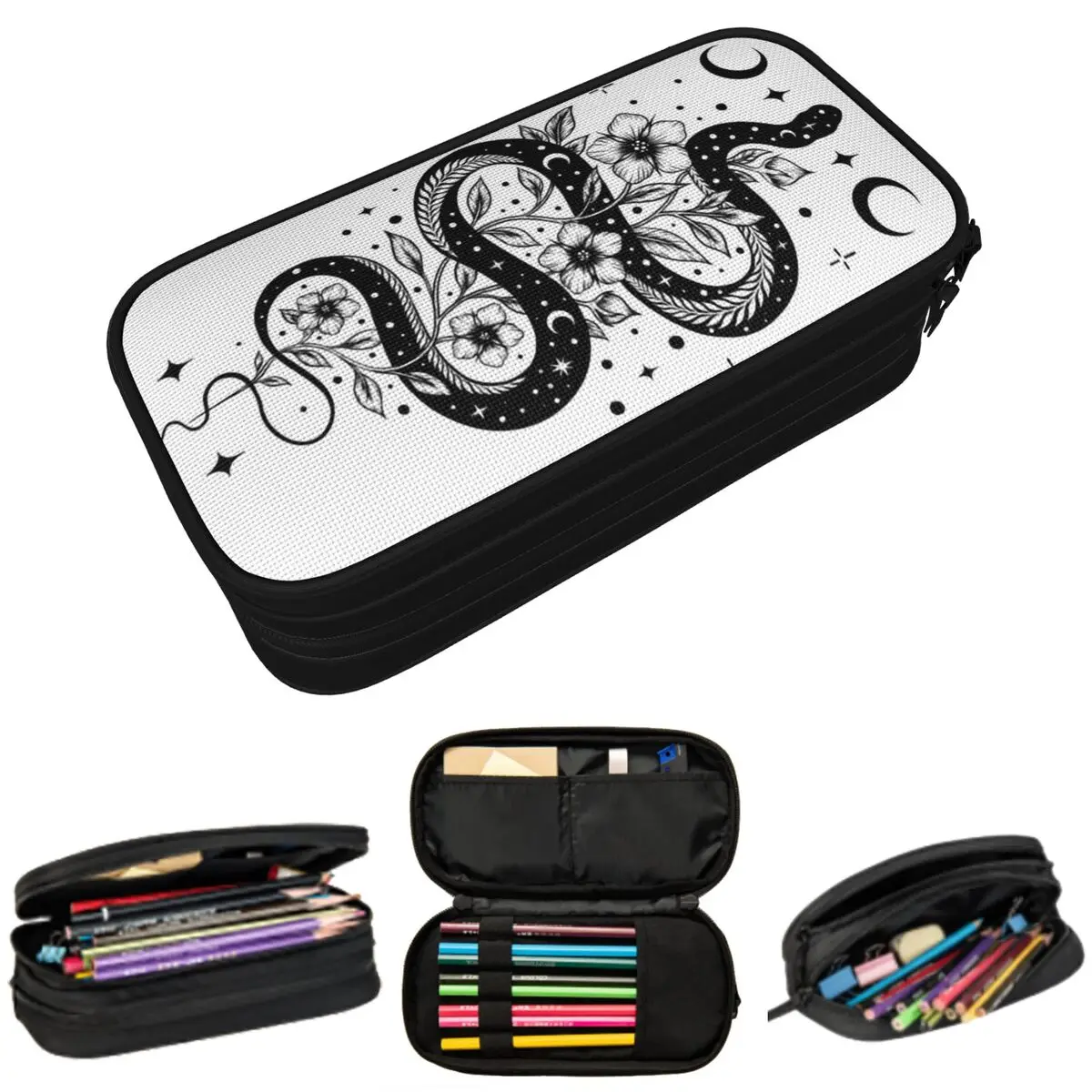 

Gray Giant Snake Entangled And Moon Tones Pencil Case for Studen School Pen Box Pencil Bag Stationery Supplies Pen Holder Bag