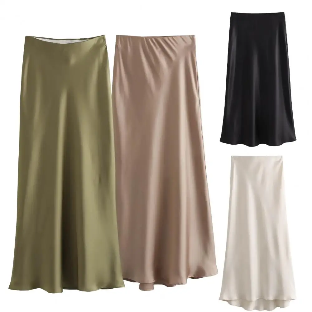 

Women's Satin High Waist Hidden Elasticized Waistband Flared Casual A Line Slim Fit Ankle Length Midi Commute Formal Party Skirt