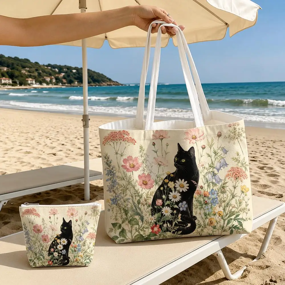 

Vintage Black Cat Floral Storage Bags 2-Piece Women's Canvas Zipper Large Capacity Reusable Daily Commute Shopping&Gift
