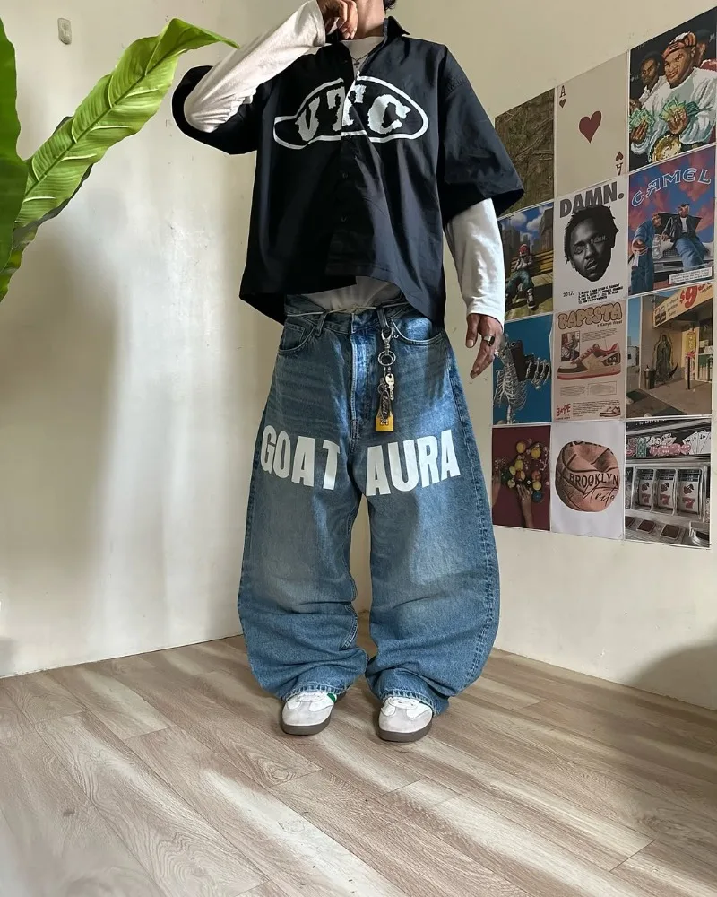 

Letter Printing Fashion High Waist Washing Jeans Men Y2k Goth Harajuku Hip-hop American Oversized Wide-leg Pants Trousers Women