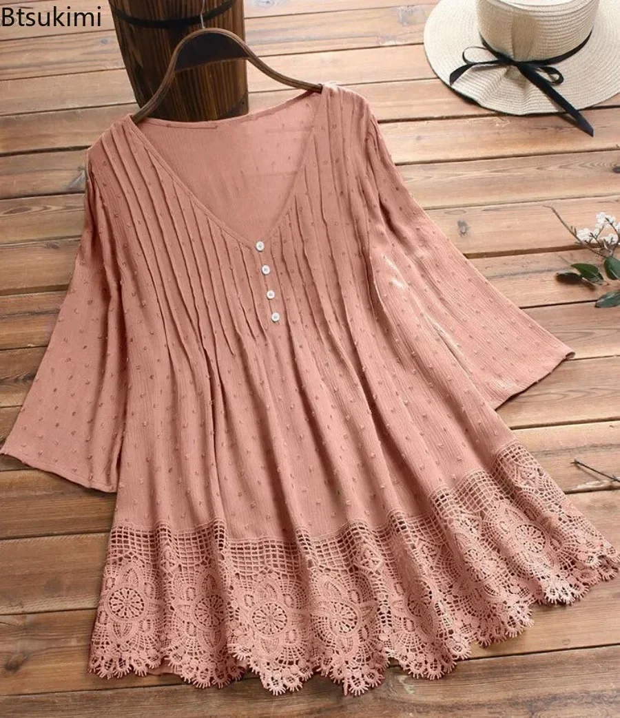 2025 Women's Cotton Linen Blouse Tops Fashion Lace Hollow Out V-neck Shirt Ladies Retro 3/4 Sleeve Loose Casual Tops Plus Size
